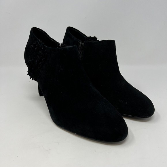 Alex Marie Ankle Bootie Black Suede Leather Side Zip Flower Accent Women's 10 - Picture 2 of 6